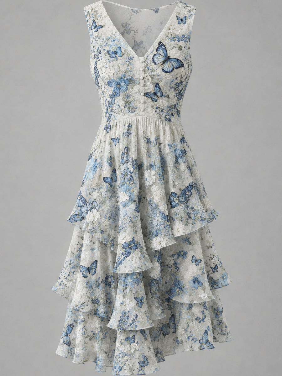 Floral Art Printed Vintage V-Neck Sleeveless Midi Dress